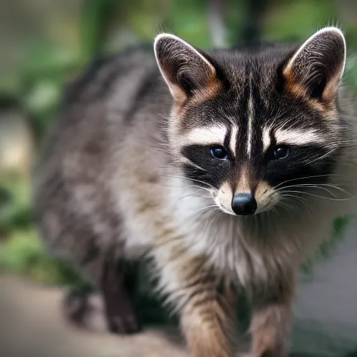 Prompt: detailed, professional photo of a cat / racoon hybrid, taken with my nikon d 3