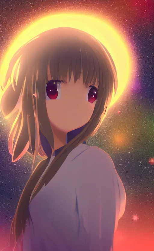 Prompt: Centred shot of anime girl looking up at the stars, bokeh background, ultra detailed, 8K