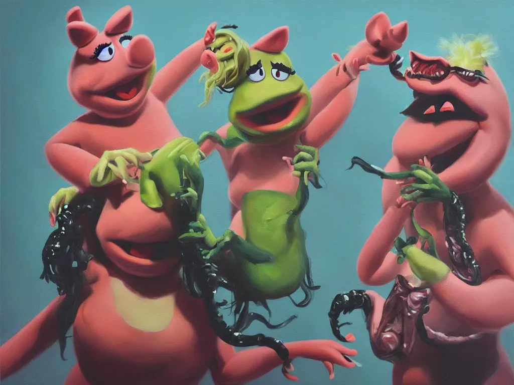 Image similar to “high quality oil painting of Miss Piggy and a xenomorph dancing”