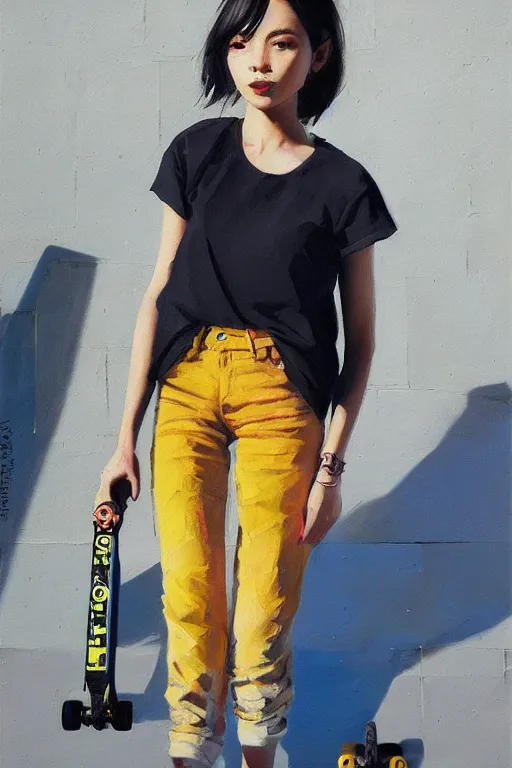 Image similar to A ultradetailed beautiful panting of a stylish woman standing on a skateboard, she is wearing streetwear, bright sunny day, Oil painting, by Ilya Kuvshinov, Greg Rutkowski and Makoto Shinkai