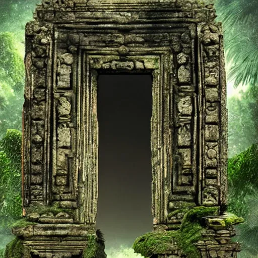 Image similar to candi bentar, javanese split gateway. fantasy concept art. overgrown, mossy, cracked and worn