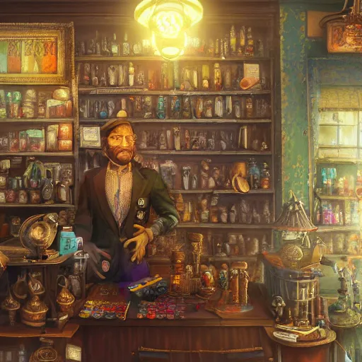 Image similar to A Anthropomorphized parrot trader in his shop, selling his wares, portrait, items, gold, carpet, window, sly expression, cunning expression, D&D, fantasy, intricate, cinematic lighting, highly detailed, digital painting, artstation, concept art, smooth, sharp focus, illustration, magic the gathering artwork, art by Akihiko Yoshida, Greg Rutkowski