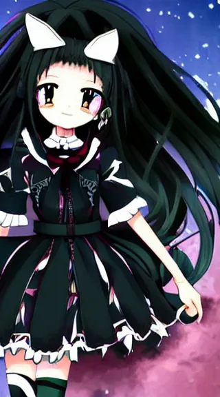 Image similar to Anime Screenshot of a “red-eyed black-haired anime fox girl” wearing black fingerless-gloves, high-waist-black-skirt, white-collared-shirt blue-open-jacket, black-necktie, unsheathing her katana, white background, visual-key, anime illustration, pixiv, anime-twitter