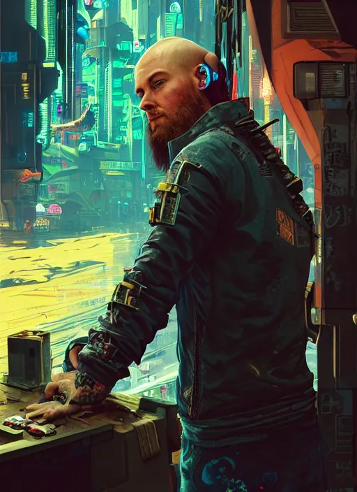 Image similar to portrait of DanTDM as a homeless character in Cyberpunk 2077, looking at camera, intricate, dystopian, sci-fi, extremely detailed, digital painting, artstation, concept art, smooth, sharp focus, illustration, intimidating lighting, incredible art by artgerm and greg rutkowski and alphonse mucha and simon stalenhag