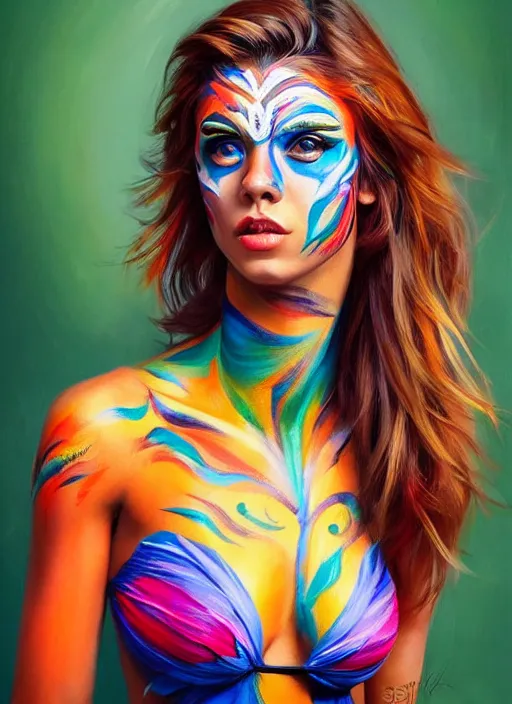 Image similar to full body photo of a gorgeous young woman in the style of stefan kostic, wild colorfully face painting, realistic, sharp focus, 8k high definition, insanely detailed, intricate, elegant, art by stanley lau and artgerm