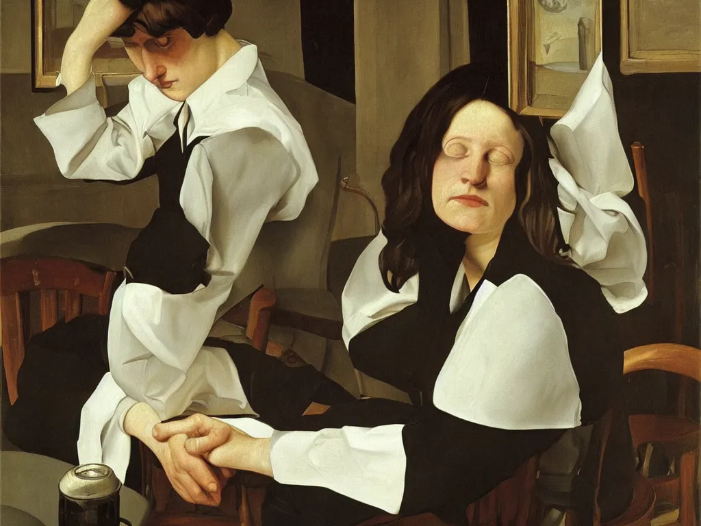 Prompt: Portrait of a sad waitress. Painting by Georges de la Tour, Lucian Freud