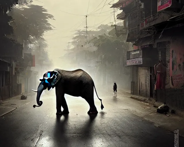 Image similar to An elephant walking down a street in Guwahati city. By Greg Rutkowski, trending on ArtStattion