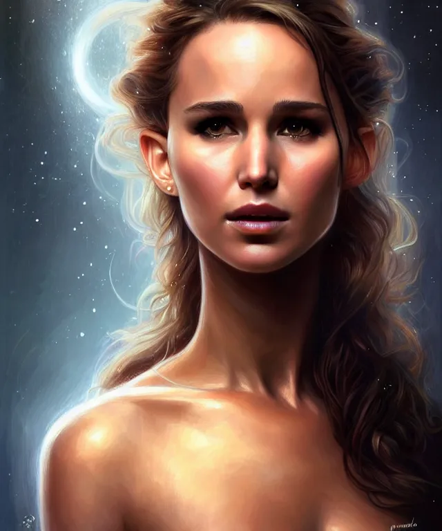 Image similar to half nathalie portman half Jennifer lawrence a fantasy magic woman portrait, sci-fi, amber eyes, face, long hair, fantasy, intricate, elegant, highly detailed, digital painting, artstation, concept art, smooth, sharp focus, illustration, art by artgerm and greg rutkowski and alphonse mucha