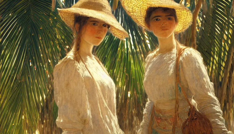 Image similar to a ultradetailed beautiful painting of a girl in the amazonas palace designed by jules bastien - lepage, hans belmer, frank weston and gustave baumann, beach, trending on artstation, mediterranean, palm trees, light sparkles, sharp focus, soft light, 8 k 4 k