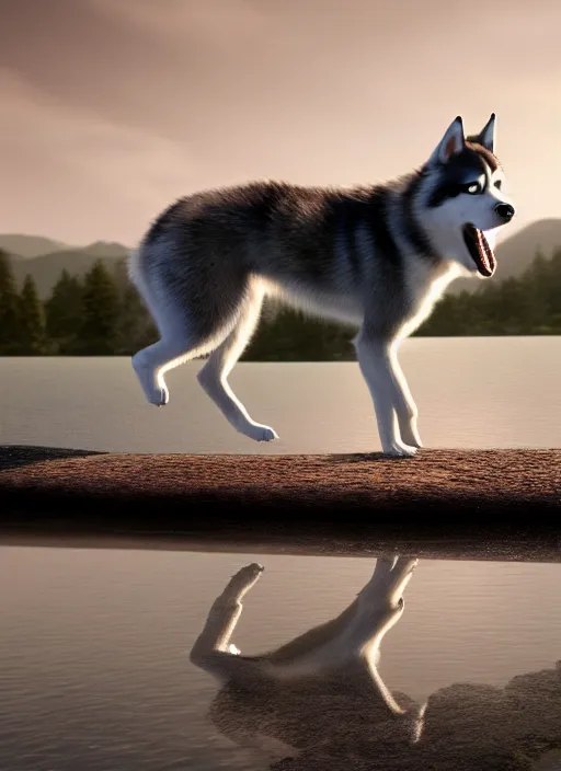 Prompt: Husky walking over water, realistic details, cinematic lighting, 8K HD