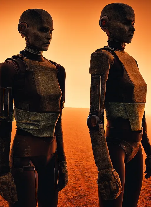 Image similar to cinestill 5 0 d photographic portrait by steve mccurry of two loving female androids wearing rugged black mesh techwear on a desolate plain with a red sky, extreme closeup, dust storm, 8 k, hd, high resolution, 3 5 mm, f / 3 2, ultra realistic faces, cyberpunk 2 0 7 7, ex machina