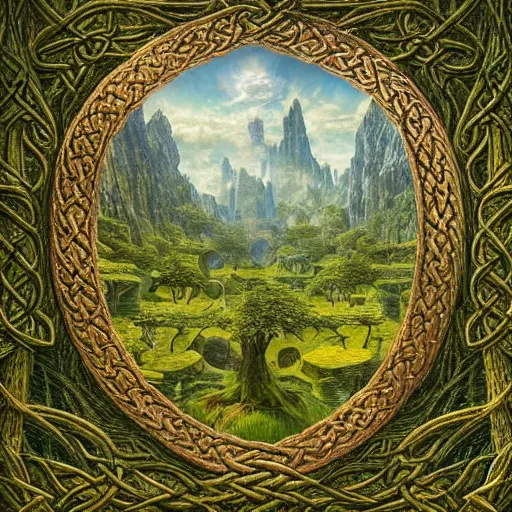 Image similar to a beautiful and highly detailed matte painting of a giant tree in a magical garden in lush forest in the valley of dreams, celtic knots, intricate details, epic scale, insanely complex, 8 k, sharp focus, hyperrealism, very realistic, by caspar friedrich, james gurney, brian froud,