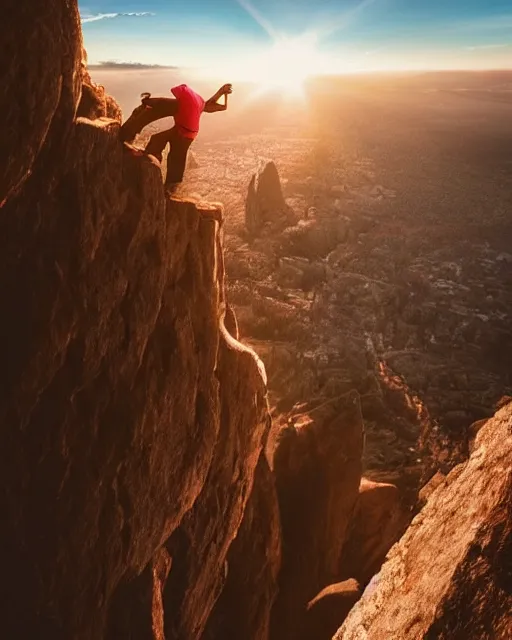 Image similar to climbing the belly of a giant monster, abdominal muscles like a rock wall, scaling a colossus, looking up at the tiny human climbing the monster, gorgeous view, sunset, sunshine rays