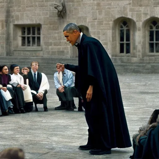 Prompt: Obama teaching defense against the dark arts, still from Harry Potter, movie, detailed, 4K