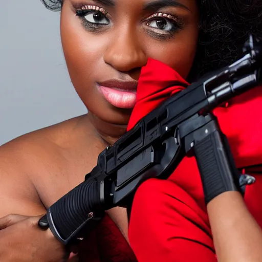 Image similar to Gorgeous black woman wearing red dress, holding an AK-47, photo realistic, detailed face