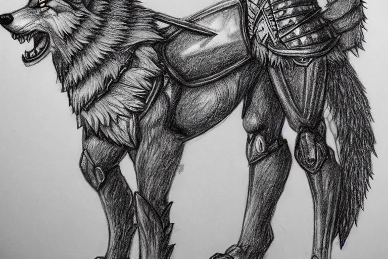 Image similar to a pencil drawing of a wolf, full body, D&D, armor, made by by Pen Tacula