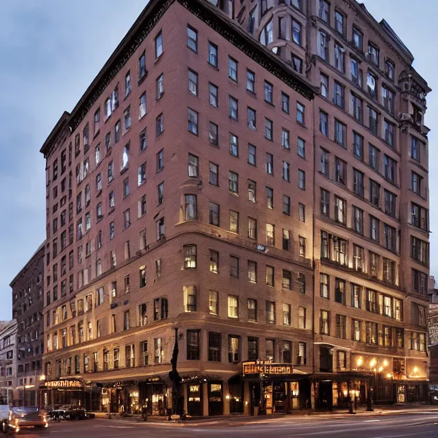 Image similar to a gothic 1 9 2 0 s 1 0 - storey hotel in downtown boston overlooking a dark street