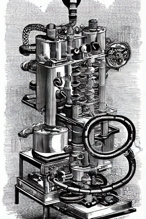 Prompt: Snake oil analytical engine, insanely complicated snake based mechanical computer, illustration, charming, SIP TECH advertisment for a machine powered by salesmanship