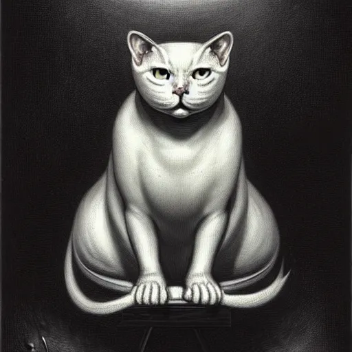 Image similar to white cat, lovecraft, art by hr giger!!!, gustave dore, artstation