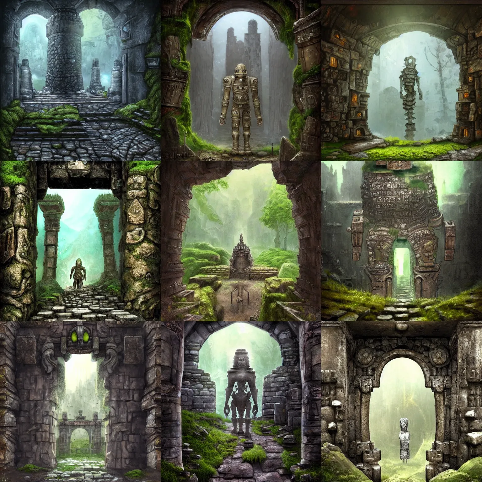 Prompt: iron golem guarding an ancient temple door, epic fantasy art, underground, depth of view, crumbled bridge in the background, moss on the walls