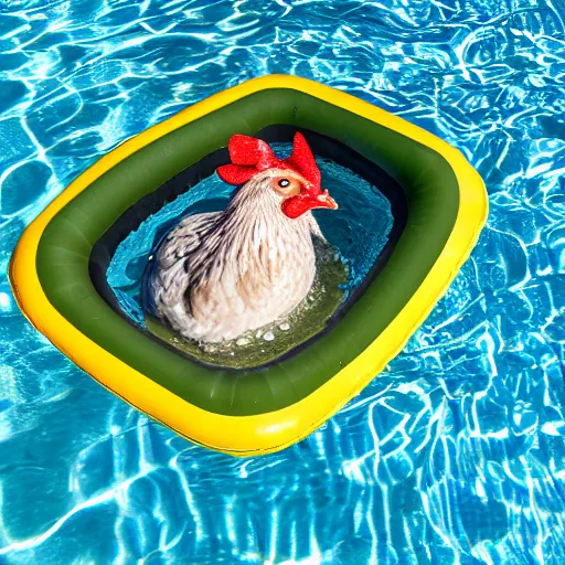 Image similar to a hen floating in water with a pool floatie