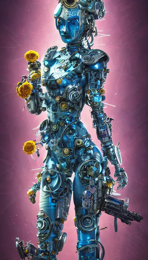 Prompt: full body head to toe portrait of a flowerpunk sci-fi cyborg ninja, third person, D&D, sci-fi fantasy, intricate, blue and gold, daisy and rose and miniature peony, highly detailed, art by Range Murata, highly detailed, 3d, octane render, bright colors, digital painting, trending on artstation, sharp focus, illustration style of Stanley Artgerm, dramatic background