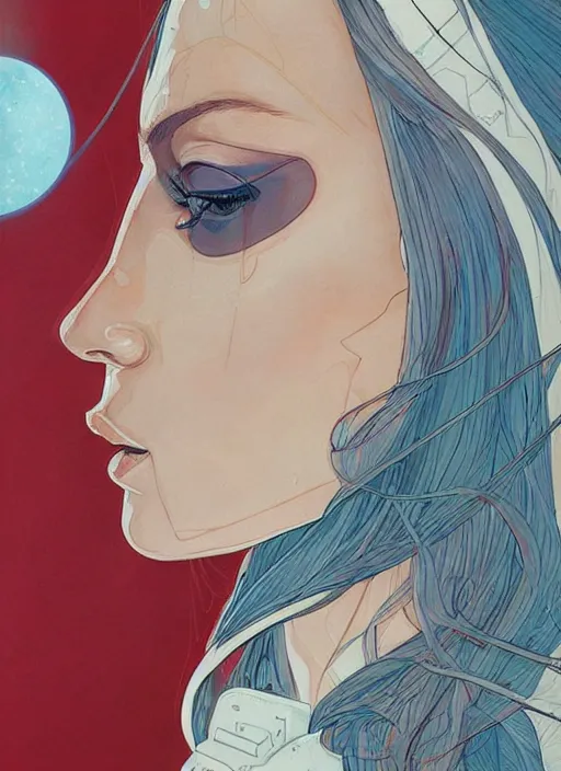 Prompt: a close up on the face of a beautiful woman in a future space suit artwork by james jean and Phil noto