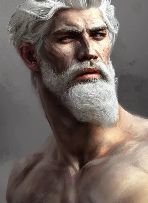 Image similar to painted portrait of rugged zeus, greek god, white hair, masculine, mature, handsome, upper body, muscular, hairy torso, fantasy, intricate, elegant, highly detailed, digital painting, artstation, concept art, smooth, sharp focus, illustration, art by gaston bussiere