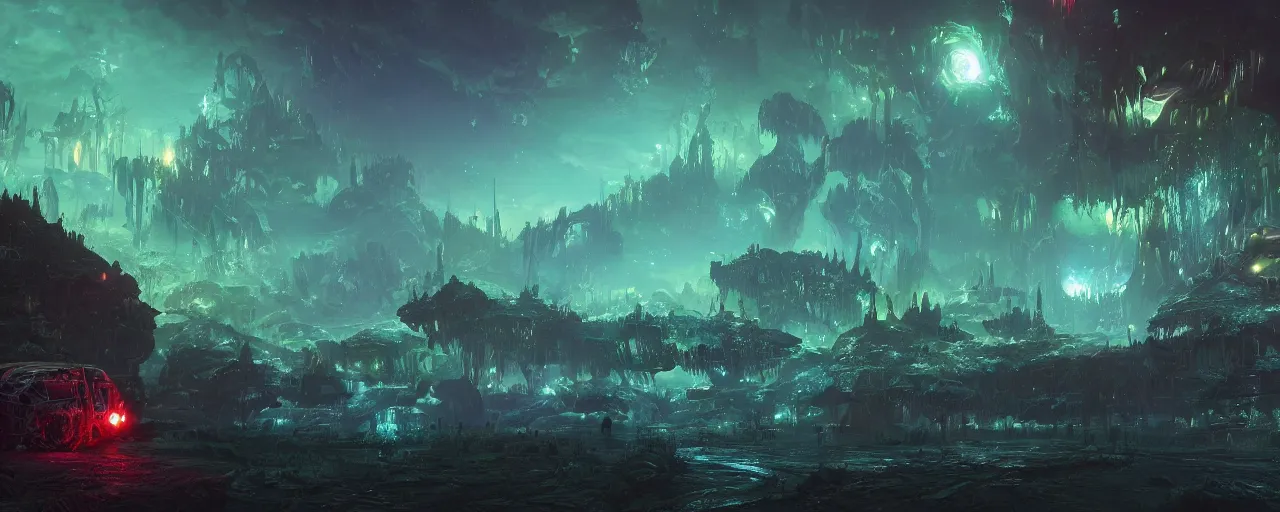 Image similar to ” otherwordly landscape at night, [ bioluminescense, cinematic, detailed, epic, widescreen, opening, establishing, mattepainting, photorealistic, realistic textures, octane render, art by slop and paul lehr ] ”