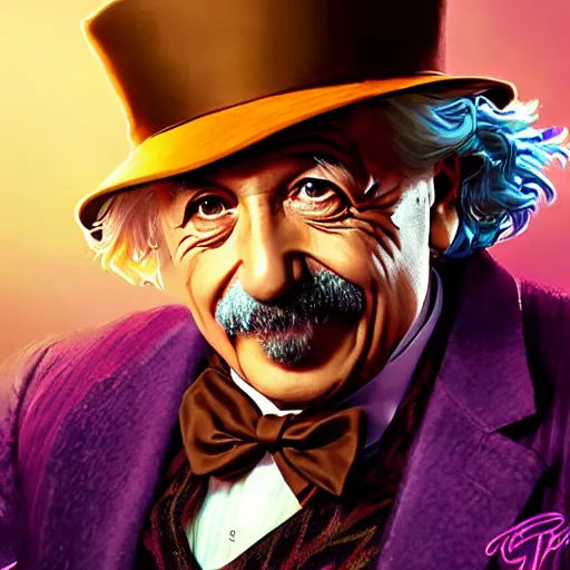 Image similar to portrait of albert einstein as willy wonka, league of legends amazing splashscreen artwork, fantasy, splash art, natural light, elegant, photorealistic facial features, intricate, fantasy, detailed face, atmospheric lighting, anamorphic lens flare, cinematic lighting, league of legends splash art, hd wallpaper, ultra high details by greg rutkowski