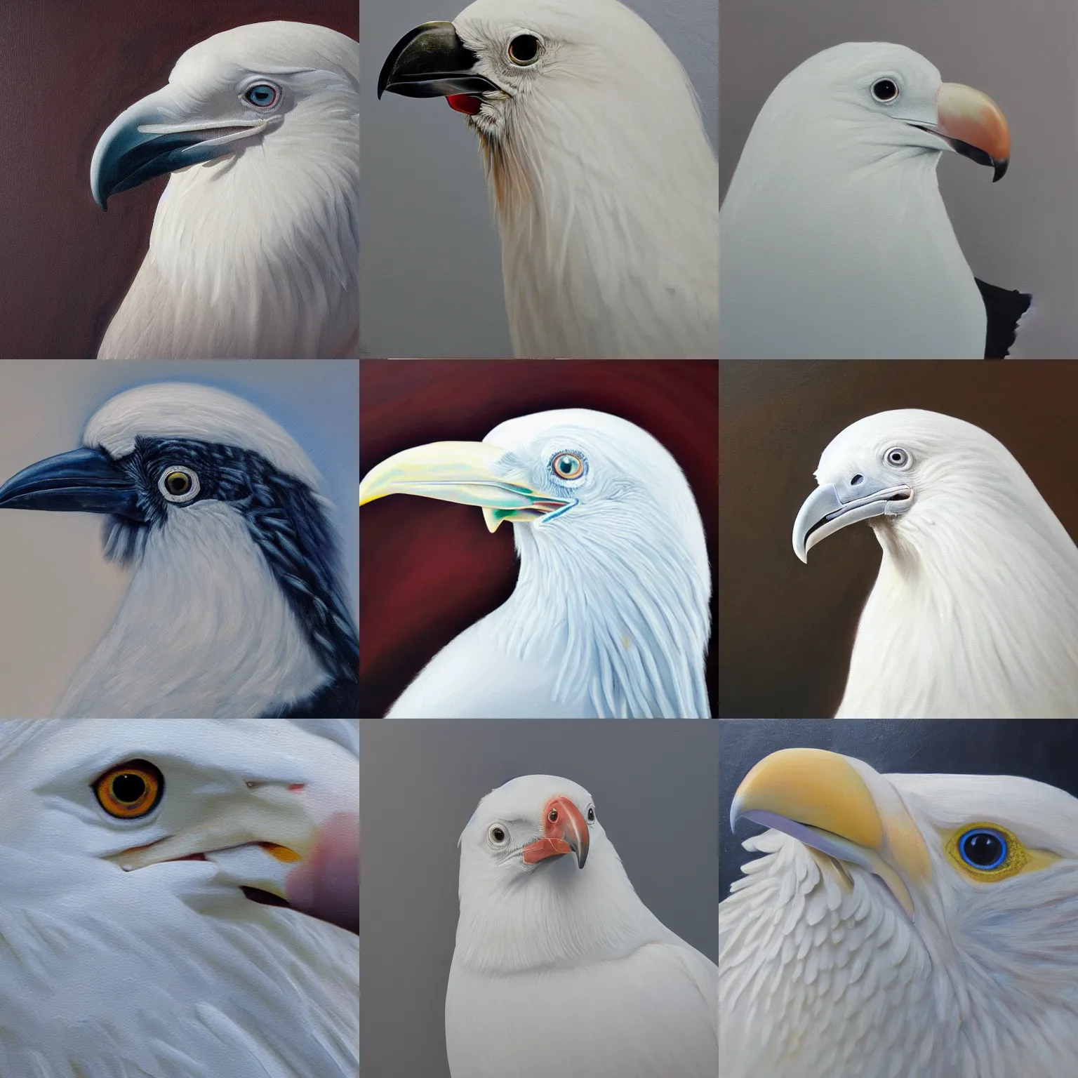 Image similar to closeup of an albino raven, oil paint, extremely detailed