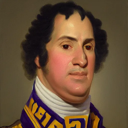 Image similar to facial portrait of the los angeles lakers dictator in military uniform, 1 7 8 0, oil on canvas by william sidney mount, oil on canvas, octane render