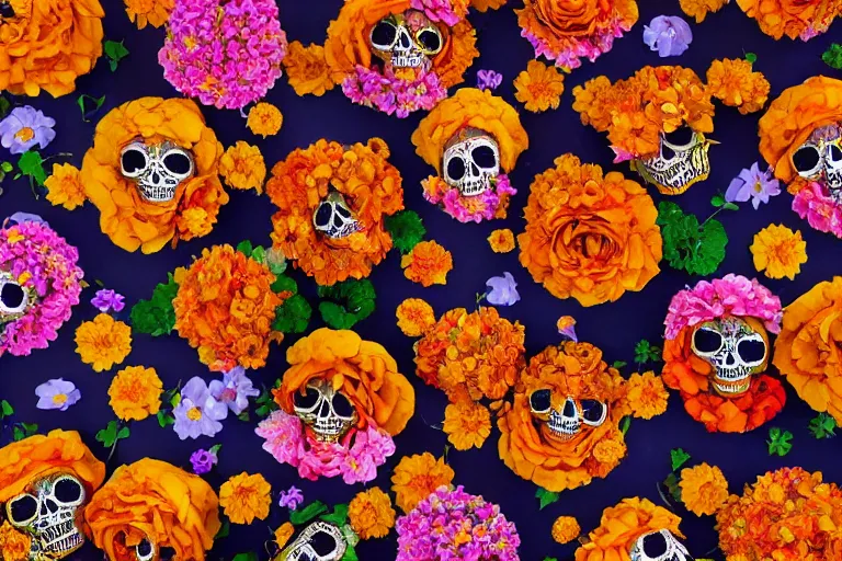 Prompt: dia de los muertos, calaveras and aztec marigold flowers designs by Jorge Gutierrez, 8k resolution, artstation trends cosmic light, detailed octane render