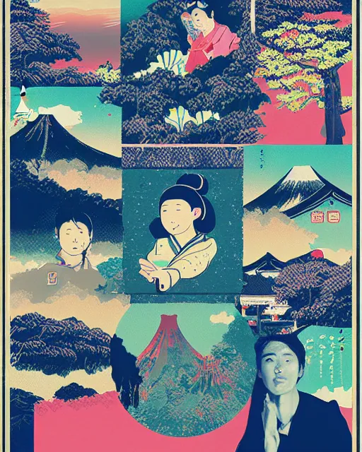 Prompt: highly creative award winning poster art collage to promote a TV series about discovering the wonders of the Japanese countryside, risograph