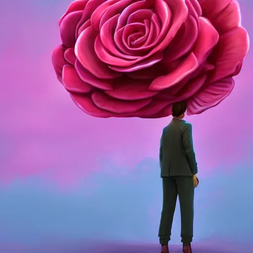 Image similar to closeup, giant rose flower head, frontal, a girl in a suit, surreal photography, sunrise, dramatic light, impressionist painting, digital painting, artstation, simon stalenhag