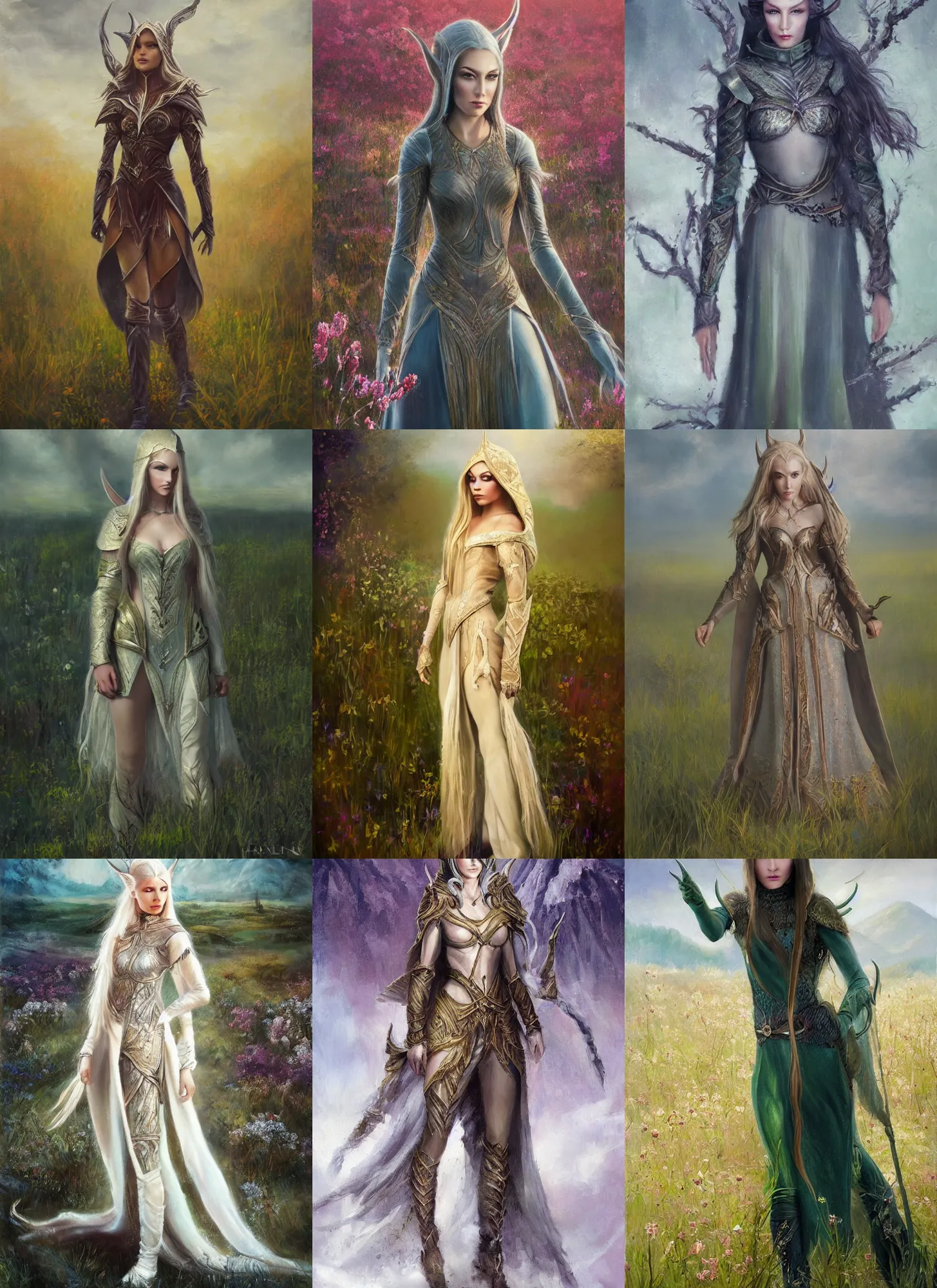 Prompt: a soft focus oil canvas painting of beautiful full body concept art, ultra beautiful face, elven female rogue wearing full intricate clothing standing in a field