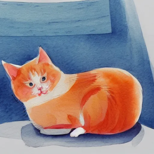 Image similar to A fat, cute orange cat in a beautiful room, cozy, watercolor on paper by CARY KWOK, details, lights, beautiful, 4K, 8K