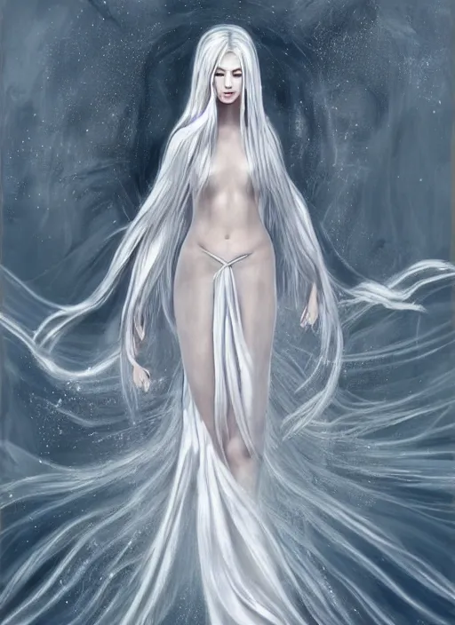 Image similar to tall thin beautiful goddess, pale wan feminine angel, long flowing silver hair covering her whole body, beautiful painting, young wan angel, flowing silver hair, flowing white robes, flowing hair covering front of body, white robe, white dress of silver hair, aesthetic, mystery