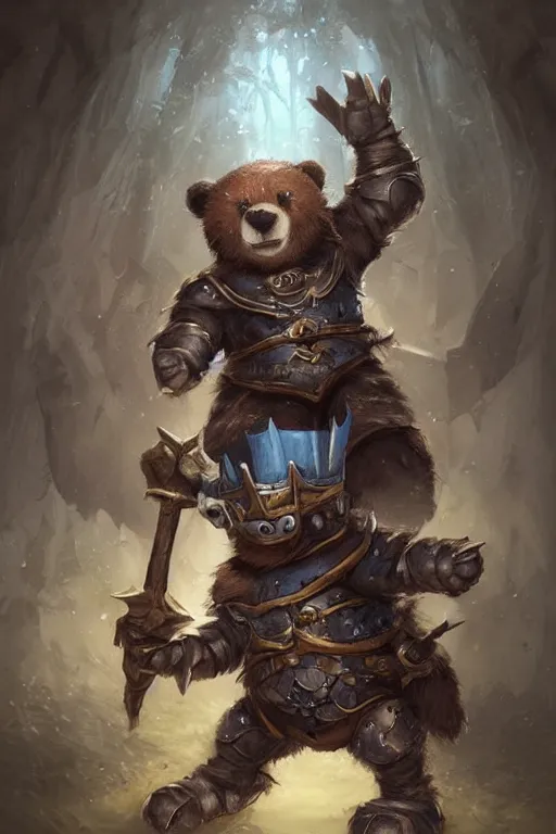 Image similar to cute little anthropomorphic bear knight wearing a cape and a crown, tiny, small, miniature bear, baby animal, short, pale blue armor, cute and adorable, pretty, beautiful, DnD character art portrait, matte fantasy painting, DeviantArt Artstation, by Jason Felix by Steve Argyle by Tyler Jacobson by Peter Mohrbacher, cinematic lighting