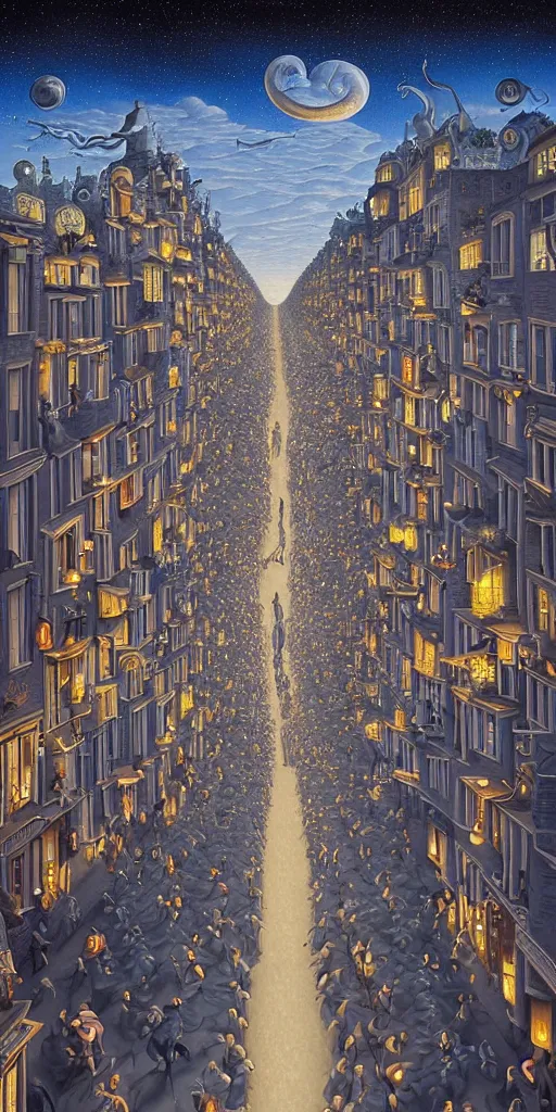 Image similar to A crowded street extending into the night sky, matte painting by Rob Gonsalves, in the style of Salvador Dalí, surrealism, magic realism, optical illusion art