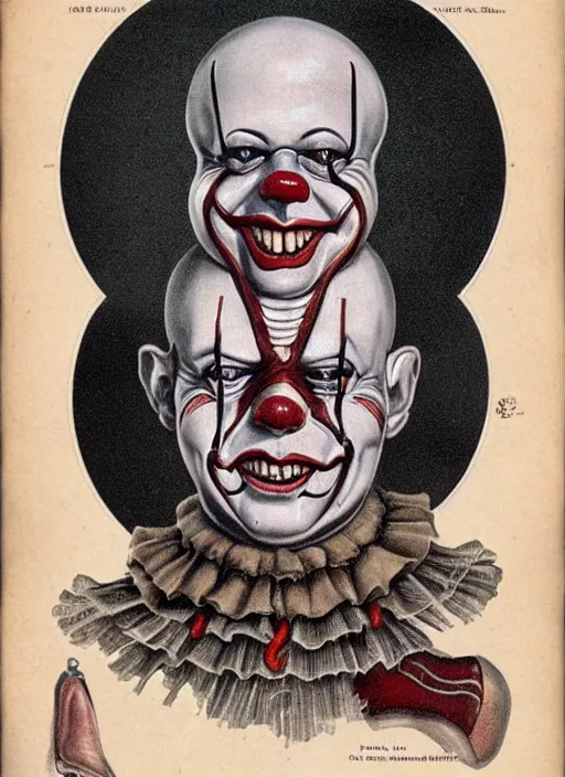 Image similar to vintage medical anatomical illustration of pennywise ( 1 9 9 0 ) head, highly detailed, labels, intricate writing