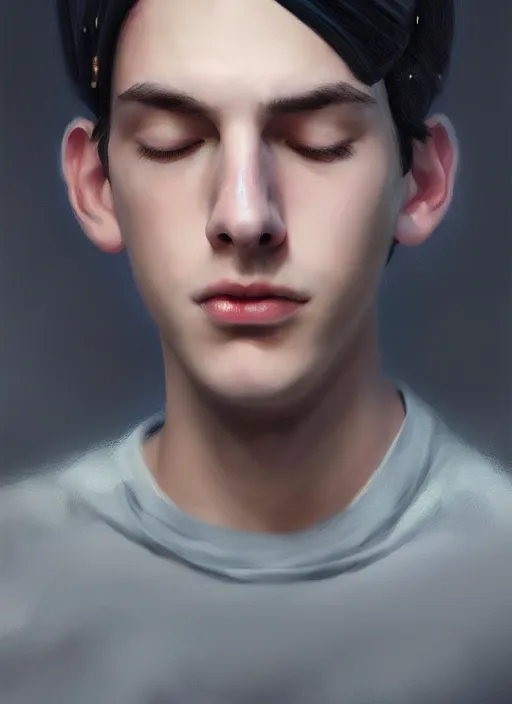 Prompt: portrait of teenage jughead jones wearing a light grey crown, photorealistic, crown, eyes closed, crown, asexual flag, black hair, intricate, elegant, glowing lights, highly detailed, digital painting, artstation, concept art, smooth, sharp focus, illustration, art by wlop, mars ravelo and greg rutkowski