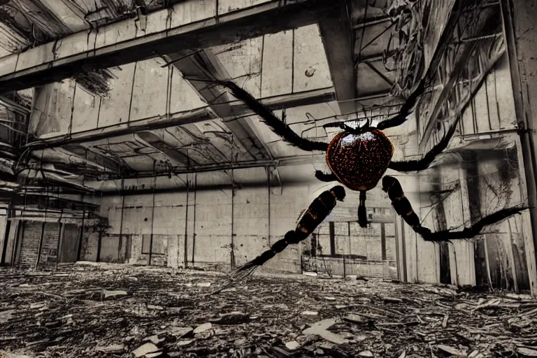 Prompt: a giant spider in an abandoned industrial complex, intricate details, cinematic, wide angle