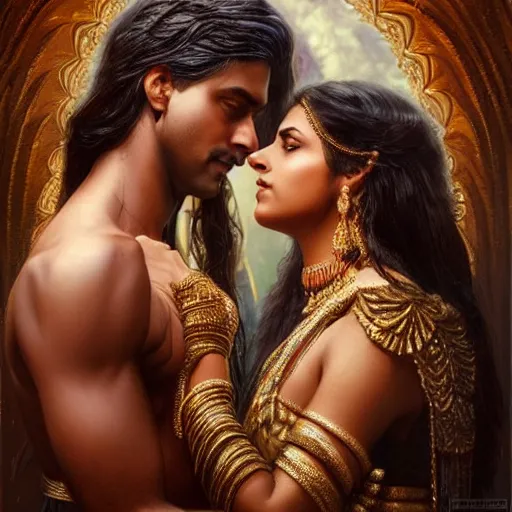 Image similar to portrait painting of dark muscular indian royal couple kissing, ultra realistic, concept art, intricate details, eerie, highly detailed, photorealistic, octane render, 8 k, unreal engine. art by artgerm and greg rutkowski and alphonse mucha