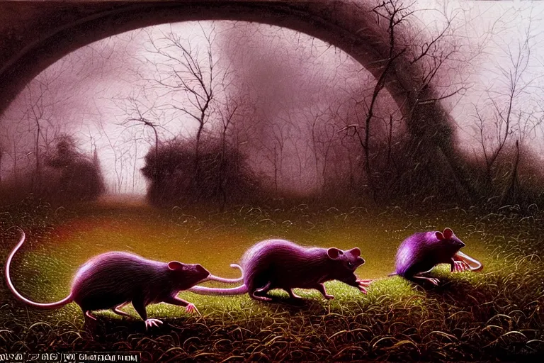 Prompt: a family of rats scurrying across a drenched field in a torrential rainstorm, in the style of jacek yerks, intricate and epic composition, red by caravaggio, insanely quality, highly detailed, masterpiece, purple light, artstation, 4 k