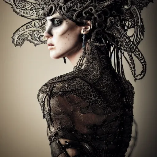 Image similar to a female harkonen model by stefan geselle and nekro borja, photorealistic, biomechanical, lace, intricate details, hyper realistic, ornate headpiece, photorealistic, canon r 3, photography, wide shot, photography, dark beauty, symmetrical features