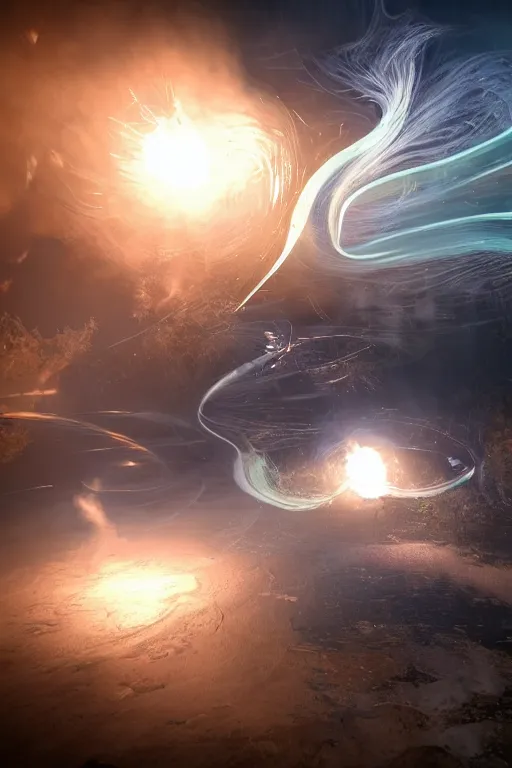 Image similar to swirling light streaks and ornate flowing smoke streams and smooth particle effects flow around a small metallic sphere, unreal engine