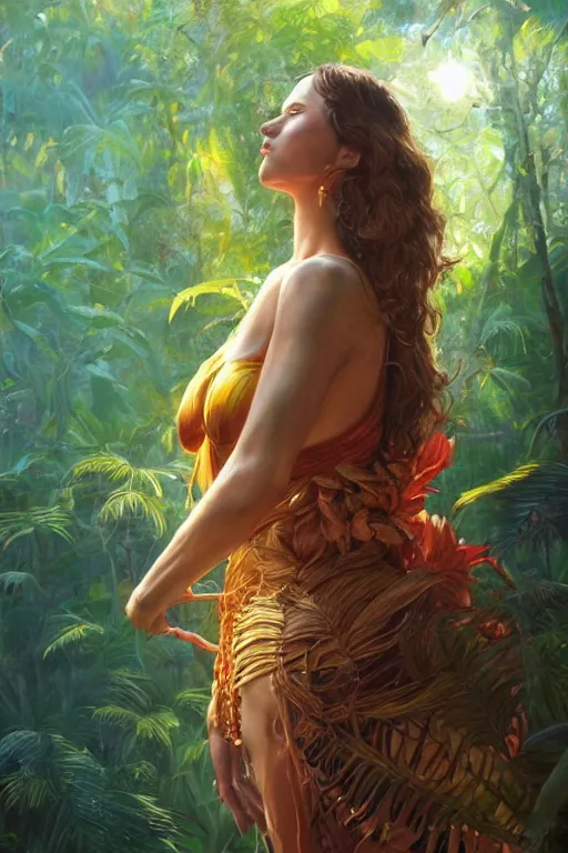 Image similar to stunningly beautiful, spanish dancer in jungle, symmetrical face, golden hour, smooth, focus, highly detailed, hyper realistic, dramatic lighting, elegant, intricate, concept art, art by wlop, mars ravelo, greg rutowski, artstation