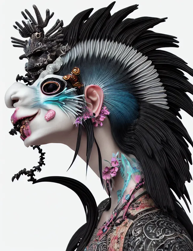 Image similar to 3 d goddess close - up profile portrait punk with mohawk with ram skull. beautiful intricately detailed japanese crow kitsune mask and clasical japanese kimono. betta fish, jellyfish phoenix, bio luminescent, plasma, ice, water, wind, creature, artwork by tooth wu and wlop and beeple and greg rutkowski