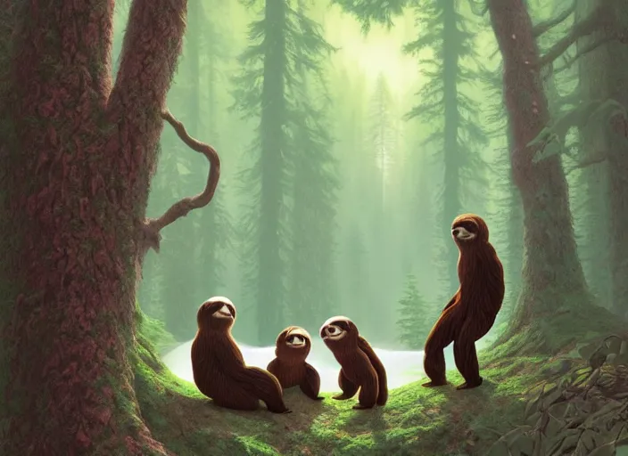 Prompt: Twin Peaks poster artwork by Michael Whelan and Tomer Hanuka, Rendering of several cute sloths playing in a fairytale forest, by Makoto Shinkai and thomas kinkade, Matte painting, trending on artstation and unreal engine